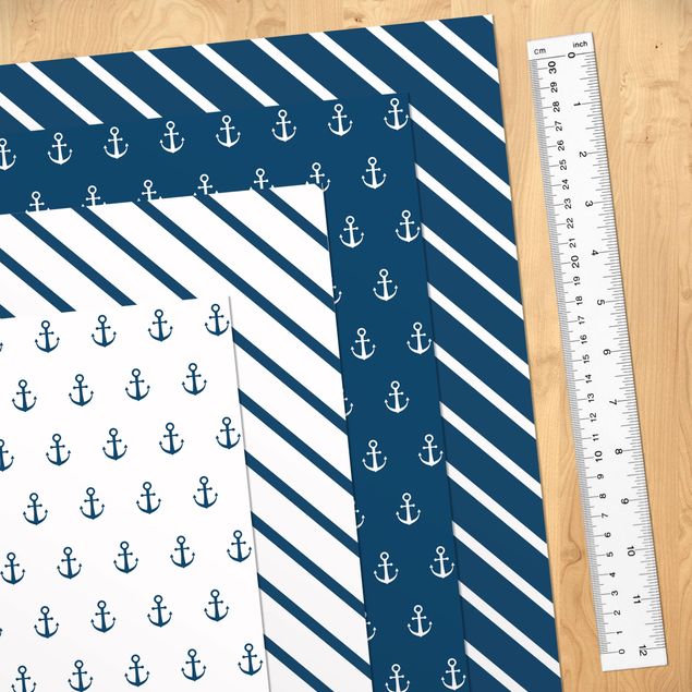 selbstklebende Folie Muster Maritimes Anker Streifen Set - Polarweiss Preussisch Blau