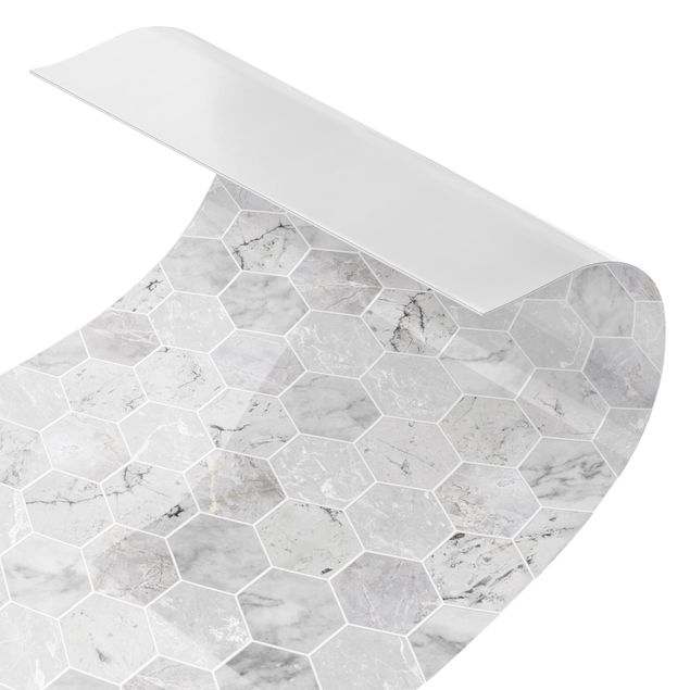 Küchenrückwand Folie selbstklebend Marmor Hexagon Fliesen - Hellgrau