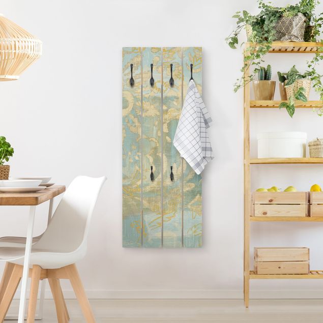 Wandgarderoben Holzoptik Marokkanische Collage in Gold und Türkis