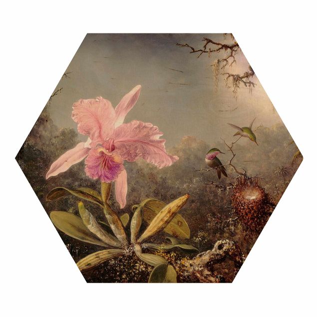 Wandbilder Blumen Martin Johnson Heade - Orchidee und drei Kolibris