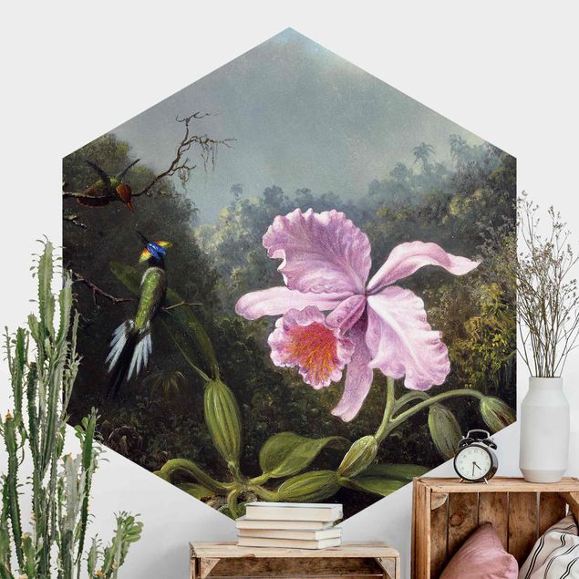 Fototapete Orchidee Martin Johnson Heade - Stillleben mit Orchidee und zwei Kolibris