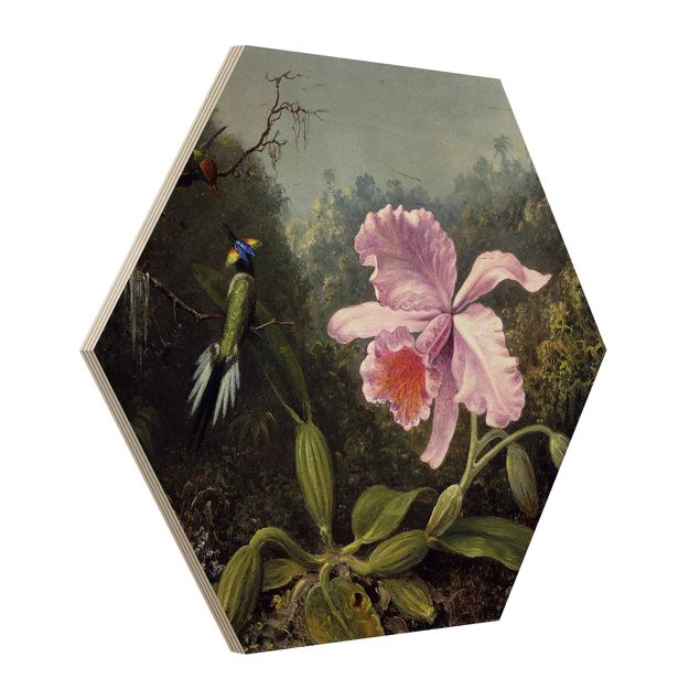 Holzbild Blumen Martin Johnson Heade - Stillleben mit Orchidee und zwei Kolibris