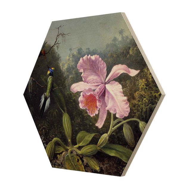 Wandbilder Blumen Martin Johnson Heade - Stillleben mit Orchidee und zwei Kolibris