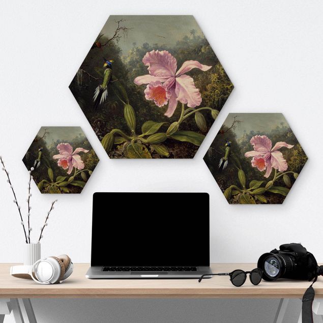 Holzbilder Martin Johnson Heade - Stillleben mit Orchidee und zwei Kolibris