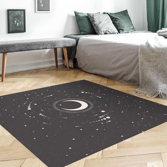 Teppich schwarz-weiß Mond im Sternenkreis