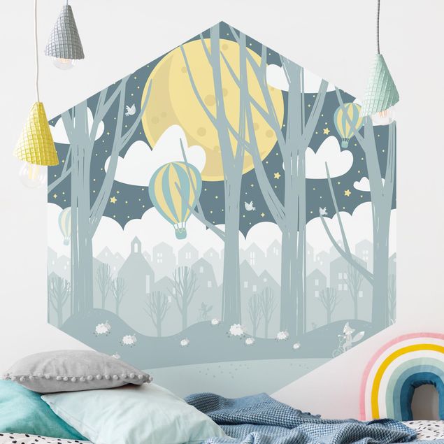 Babyzimmer Deko Mond mit Bäumen und Häusern