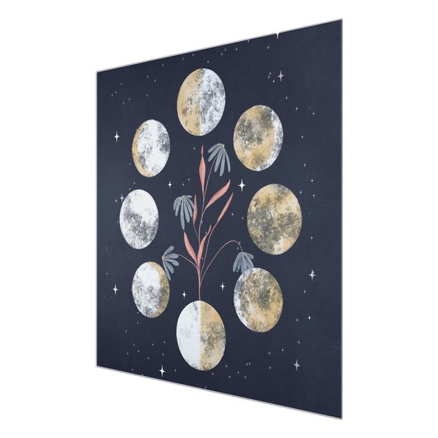 Glas Wandbilder Mondphasen und Margeriten