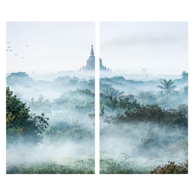Herdabdeckplatte Glas - Morgennebel über dem Dschungel von Bagan