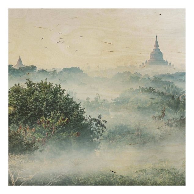Holzbilder Landschaften Morgennebel über dem Dschungel von Bagan