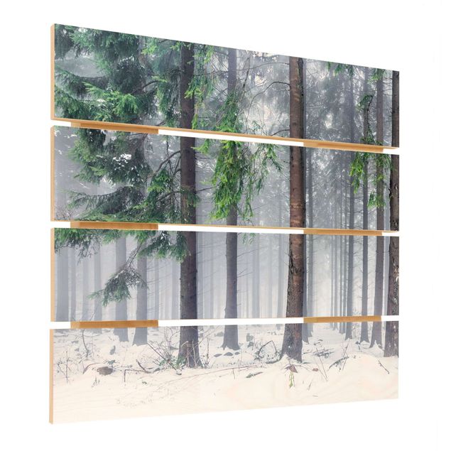 Wandbild Holz Nadelbäume im Winter