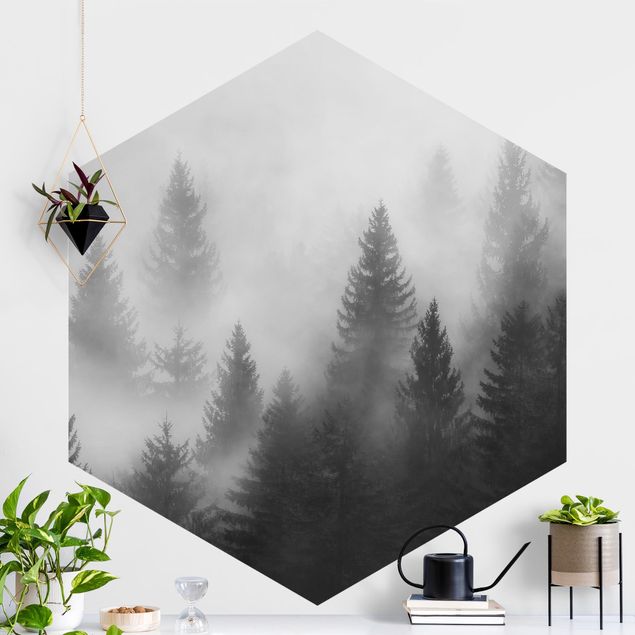 Küche Dekoration Nadelwald im Nebel Schwarz Weiß
