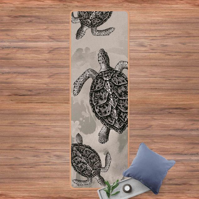 Moderner Teppich Nautik Drei Schildkröten Schwarz Weiß