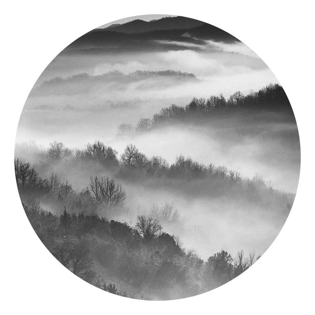 Fototapete modern Nebel bei Sonnenuntergang Schwarz Weiß