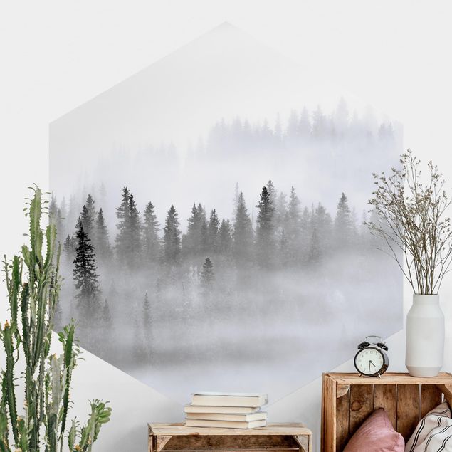 Wanddeko Küche Nebel im Tannenwald Schwarz-Weiß