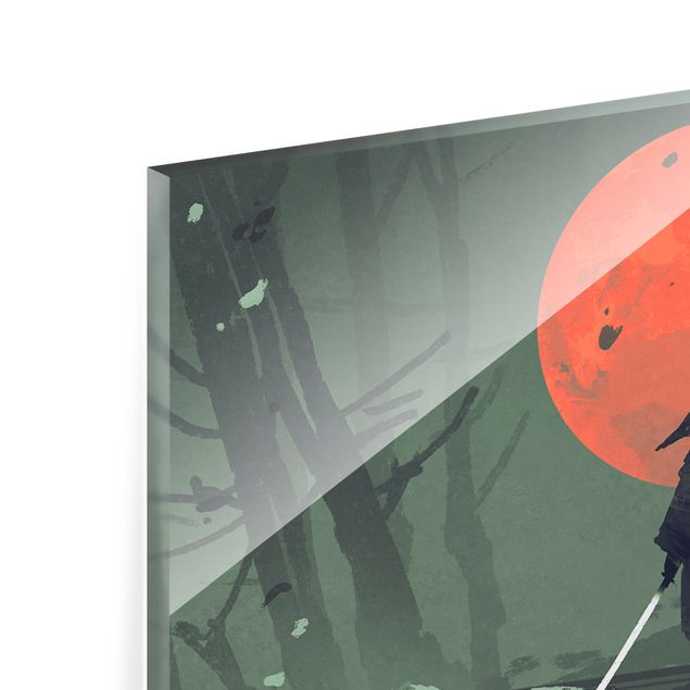 Glasbild - Ninja im roten Mondschein - Panorama