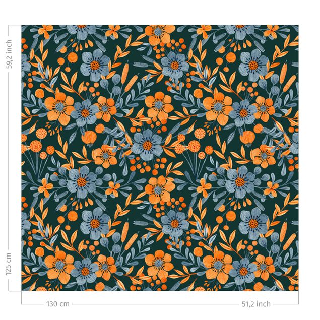 Vorhänge Muster Orange Blaue Blüten auf dunklem Petrol