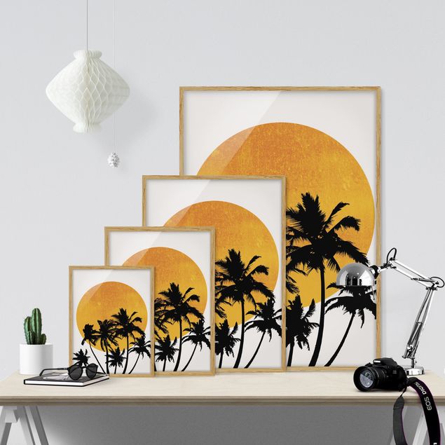 Wandbilder Blumen Palmen vor goldener Sonne