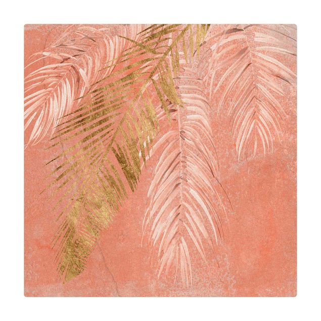 Kork-Teppich - Palmenblätter Rosa und Gold I - Quadrat 1:1