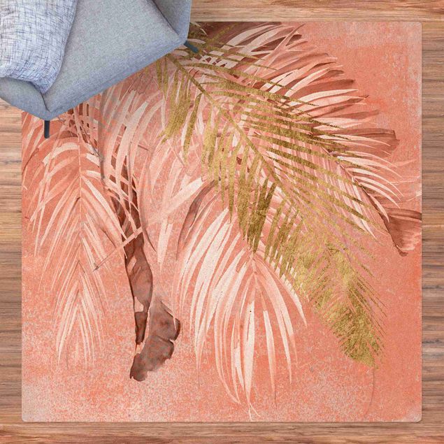 Moderne Teppiche Palmenblätter Rosa und Gold II