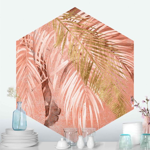 Fototapete modern Palmenblätter Rosa und Gold II