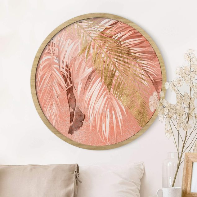 Blumenbilder mit Rahmen Palmenblätter Rosa und Gold II