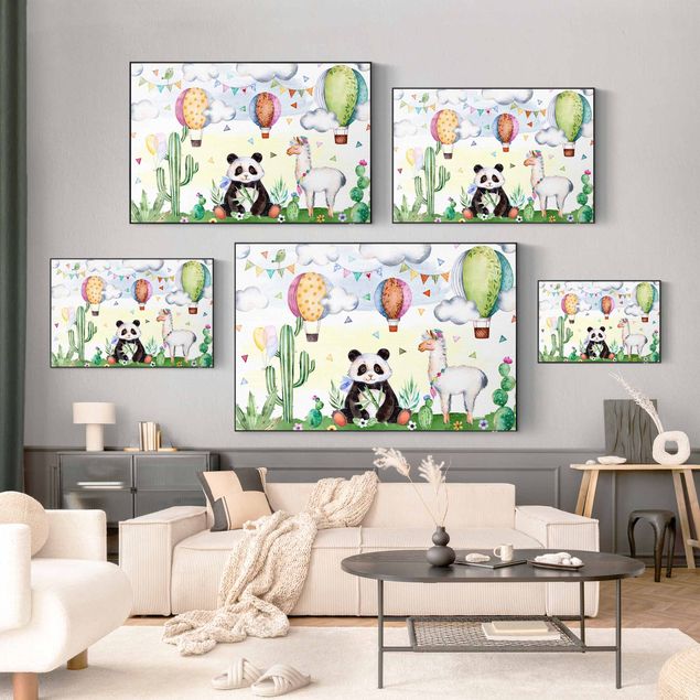 Wandbilder Grün Panda und Lama Aquarell