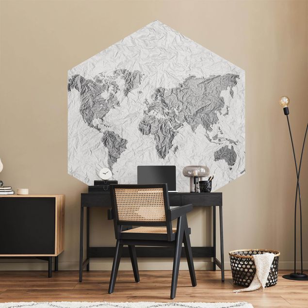 Weltkarte Tapete Papier Weltkarte Weiß Grau
