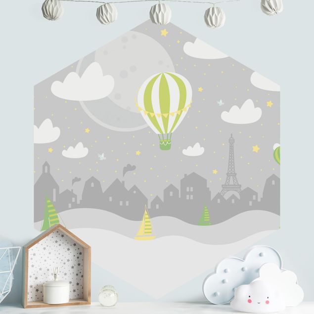 Deko Kinderzimmer Paris mit Sternen und Heißluftballon in Grau