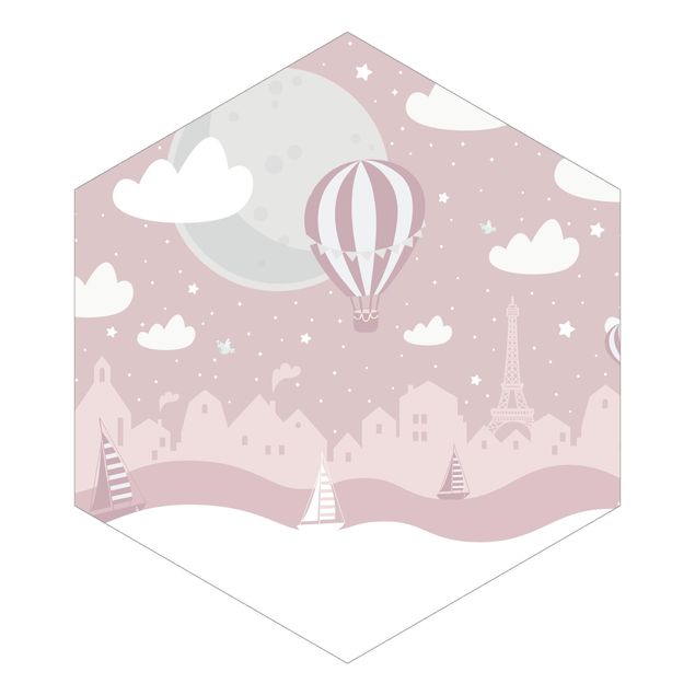 Fototapete rosa Paris mit Sternen und Heißluftballon in Rosa