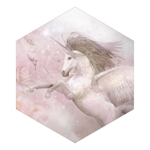 Wandtapete rosa Pegasus Einhorn mit Rosen