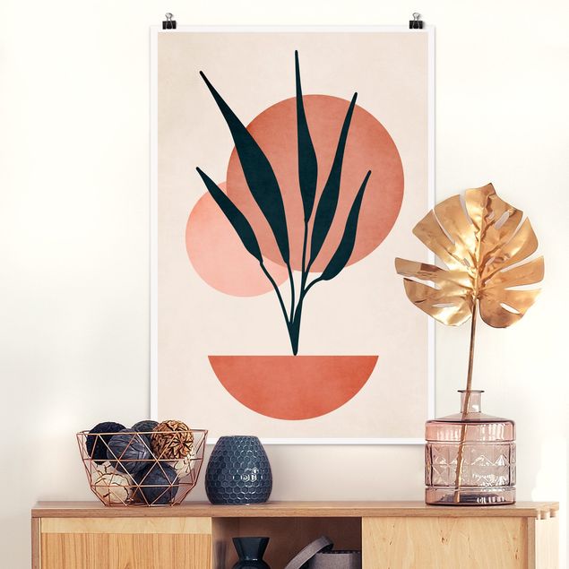 Poster mit Blumen Pflanze und abstrakte Formen in Rosa