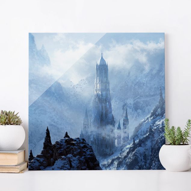 Glasbilder Berge Phantastisches Schloss im Schnee