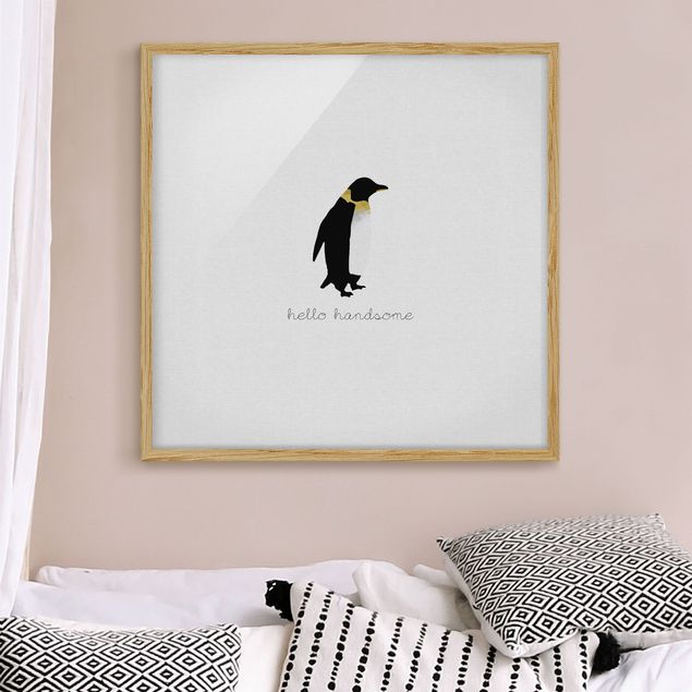schwarz-weiß Bilder mit Rahmen Pinguin Zitat Hello Handsome