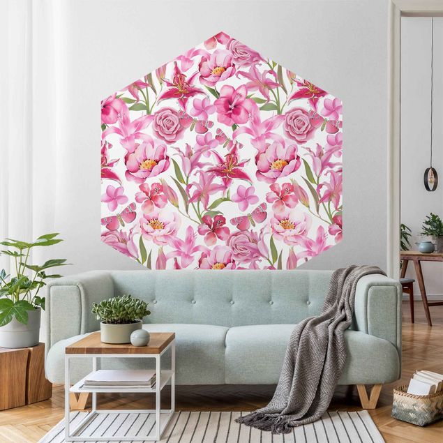 Retro Tapete Pinke Blumen mit Schmetterlingen