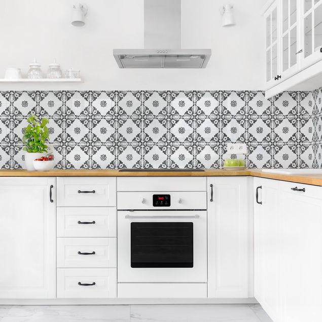 Küchenrückwand Folie Fliesenoptik Portugiesische Vintage Keramikfliesen - Sintra Schwarz Weiß