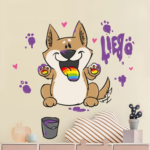 Wandsticker Tiere Pummeleinhorn - Hund mit Farbeimer
