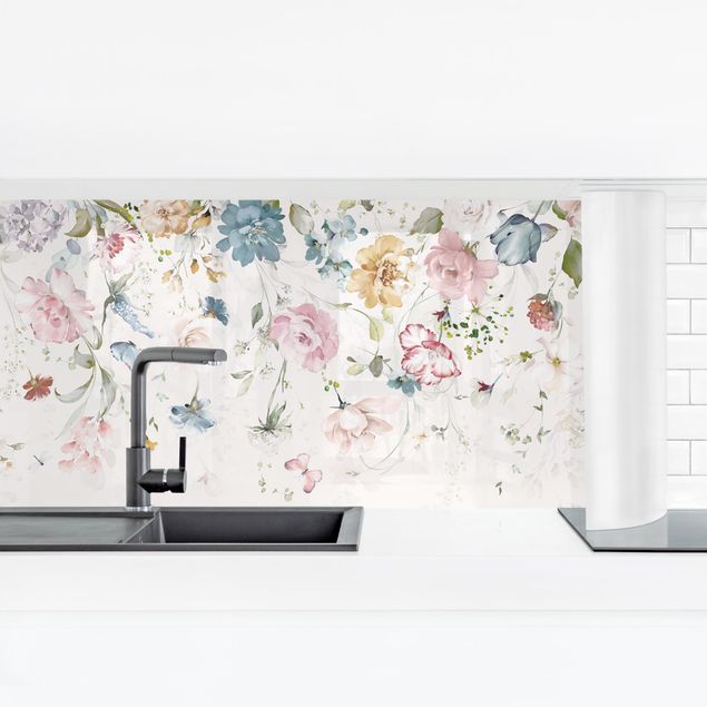 Küchenrückwand Folie Rankende Blumen mit Schmetterlingen Aquarell