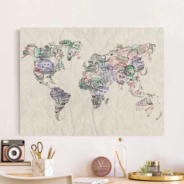 Weltkarte Leinwandbild Reisepass Stempel Weltkarte