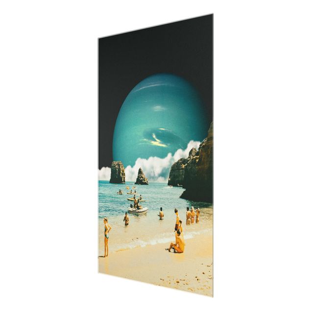 Glasbilder Strand Retro Collage - Weltraum Strand
