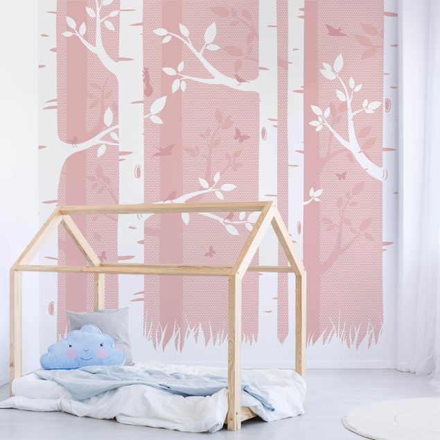 Deko Kinderzimmer Rosa Birkenwald mit Schmetterlingen und Vögel