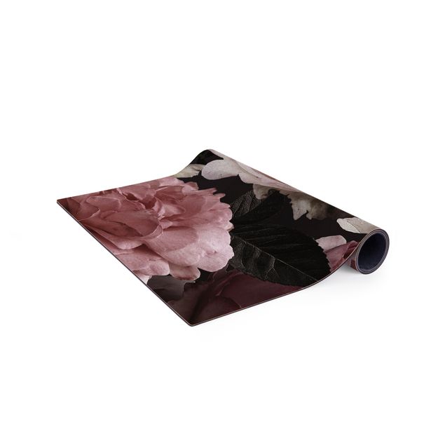 Teppich Esszimmer Rosa Blumen auf Schwarz Vintage