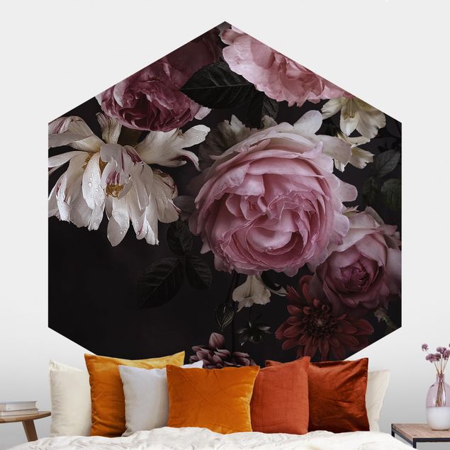 Küche Dekoration Rosa Blumen auf Schwarz Vintage