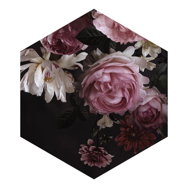 Fototapete Rosa Blumen auf Schwarz Vintage