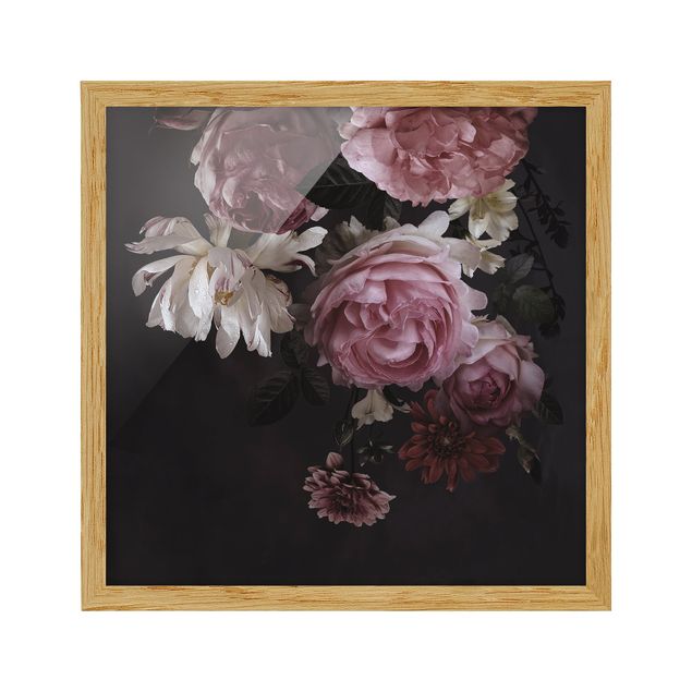 Wandbilder Blumen Rosa Blumen auf Schwarz Vintage