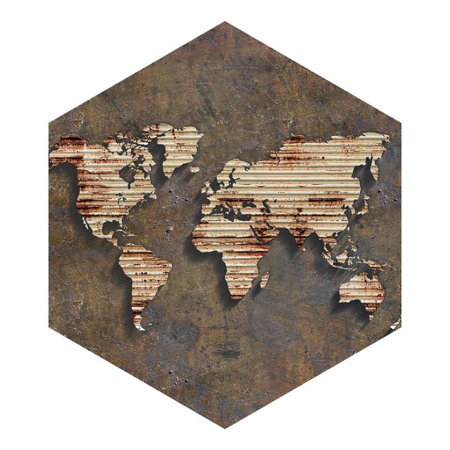 Hexagon Mustertapete selbstklebend - Rost Weltkarte
