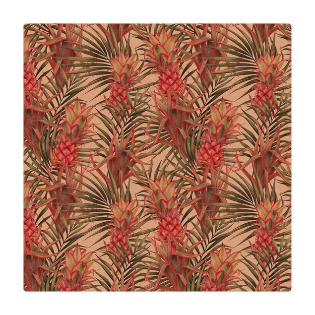 Teppich klein Rote Ananas mit Palmenblättern Tropisch