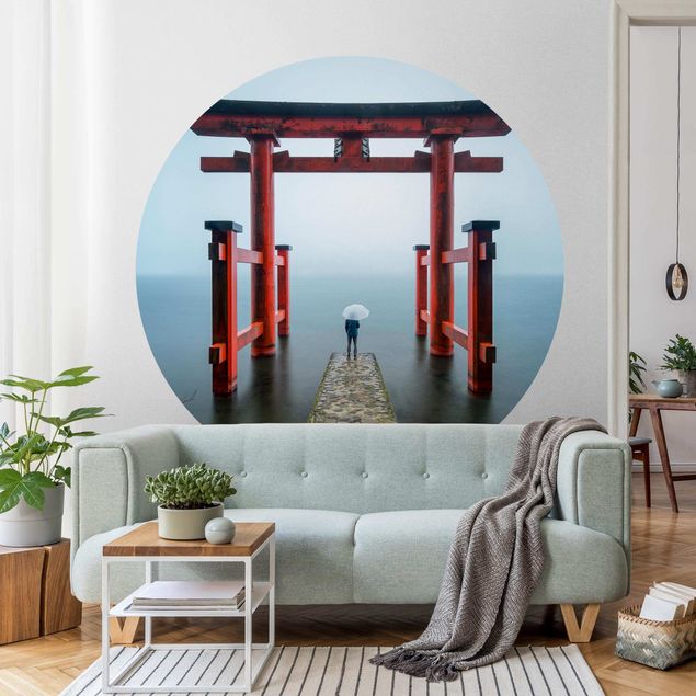 Skyline Tapete Rotes Torii am Ashi-See