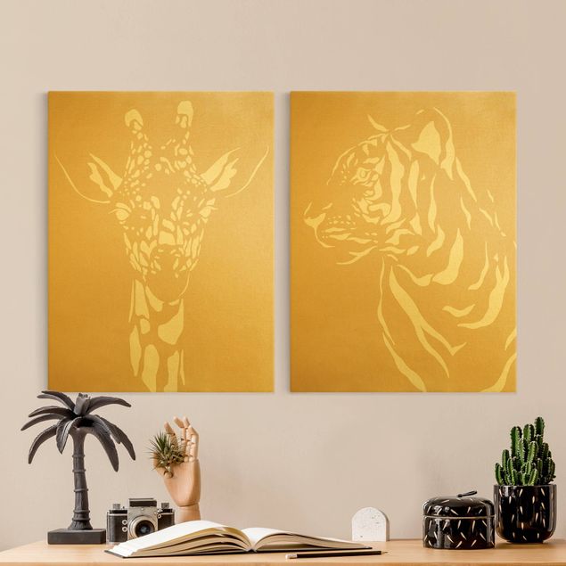 Wandbilder Tiger Safari Tiere - Giraffe und Tiger Beige