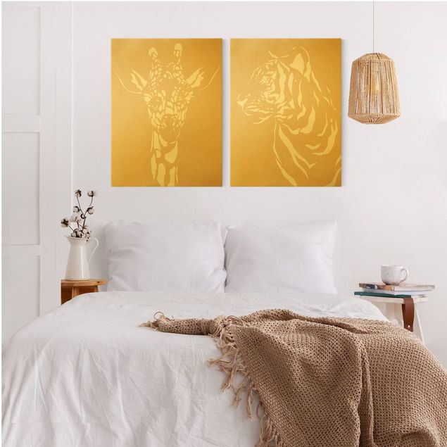 Wandbilder Giraffen Safari Tiere - Giraffe und Tiger Beige