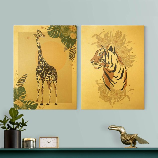 Wandbilder Tiger Safari Tiere - Giraffe und Tiger
